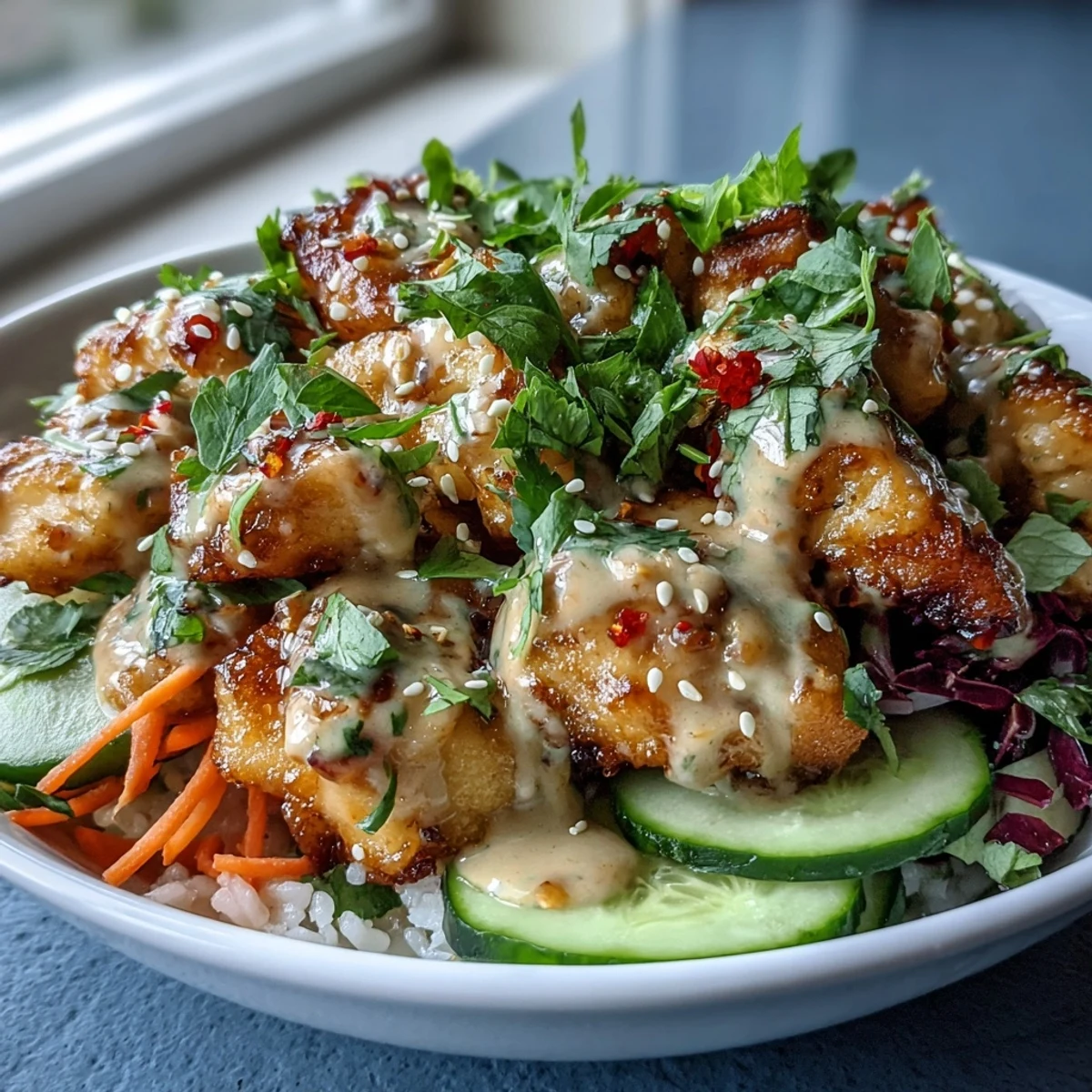 Colorful Bang Bang Chicken Bowl topped with shredded carrots, cucumber, and sesame seeds, ready for dinner.