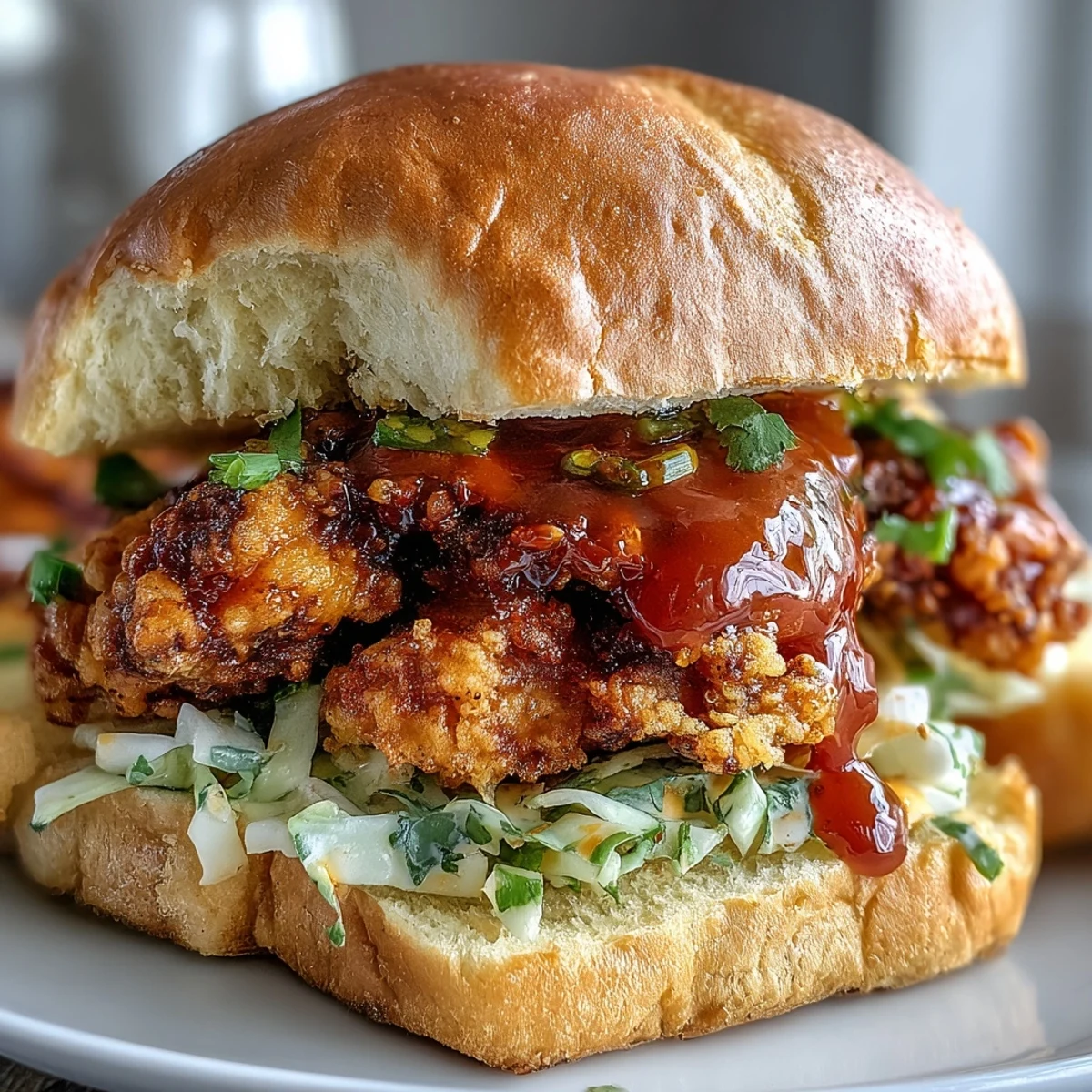 Close-up of a Thai Fried Chicken Sandwich showcasing tender, spicy chicken, fresh cilantro, and pickled veggies on a soft bun.