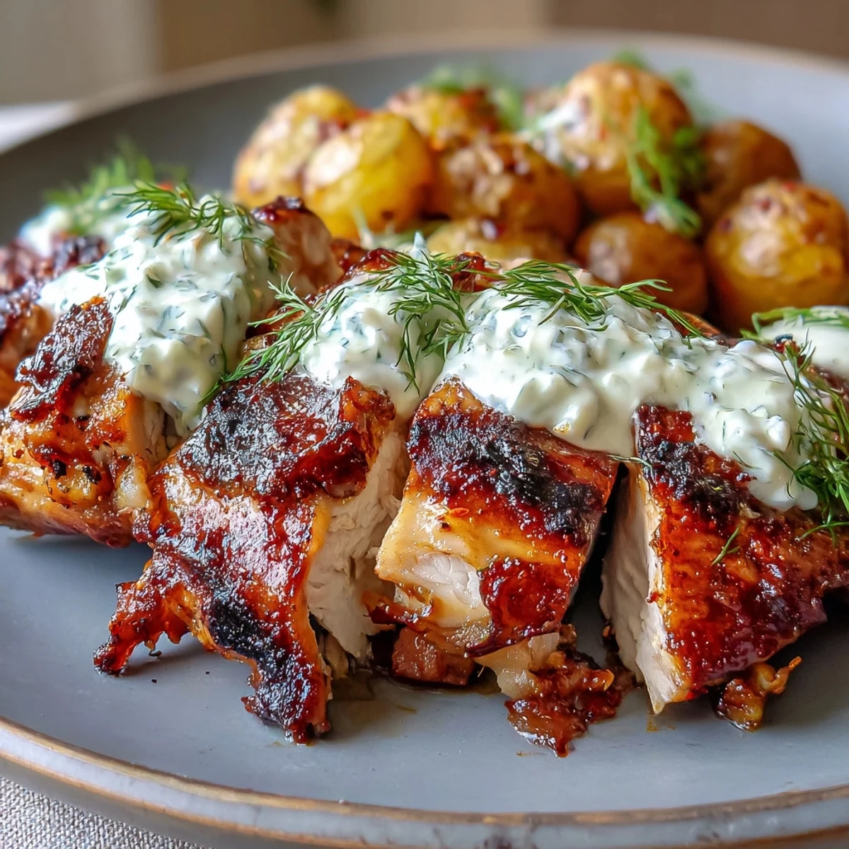 Perfectly charred Spicy Yogurt Marinated Chicken thighs topped with creamy dill feta sauce and served with golden crispy baby potatoes.