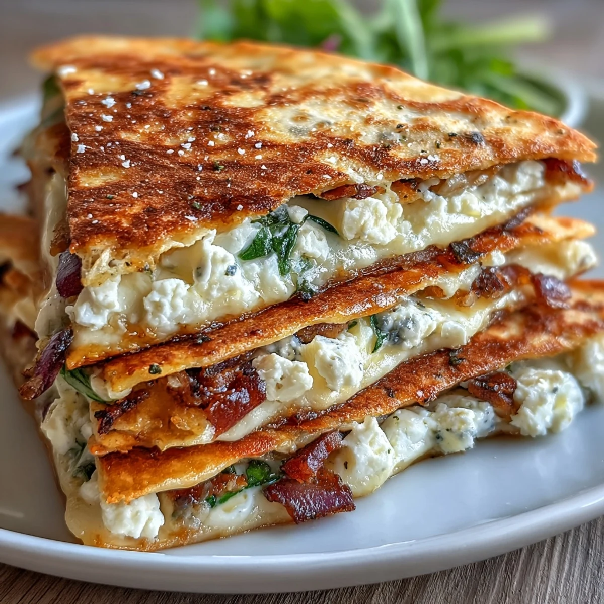 Golden-brown Mediterranean Quesadillas with Spinach, Feta, Mozzarella, and Red Onion served on a rustic wooden board.