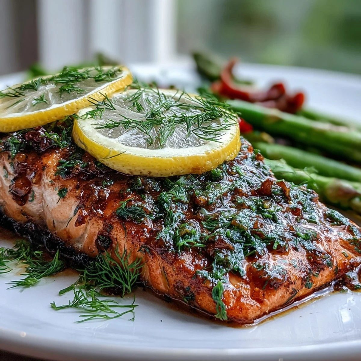 Marry Me Salmon fillets flake easily with a fork, served alongside roasted asparagus for a healthy dinner.