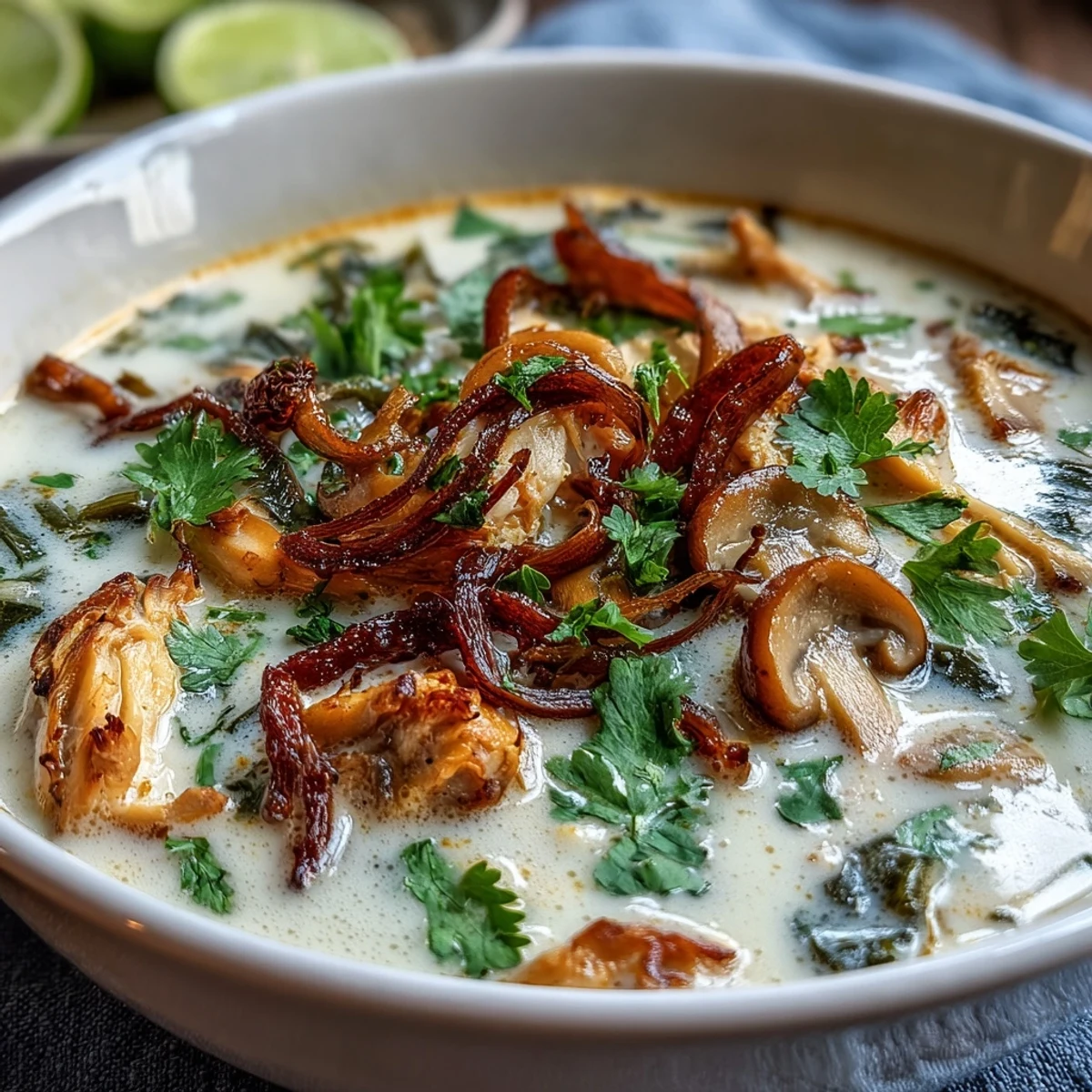 Spicy Tom Kha Soup served with lime wedges and jasmine rice.