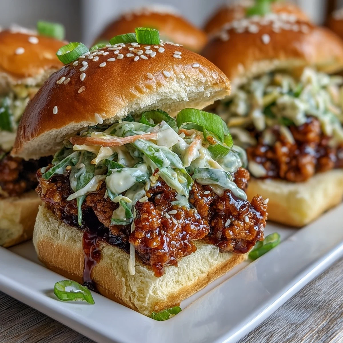 Close-up of Korean Turkey Sloppy Joe Sliders topped with a vibrant, tangy cabbage and carrot slaw.