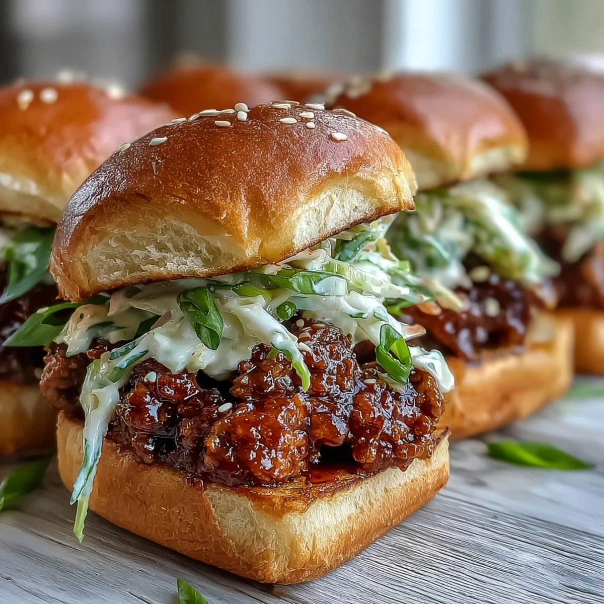 Freshly assembled Korean Turkey Sloppy Joe Sliders garnished with sesame seeds on a rustic wooden board.