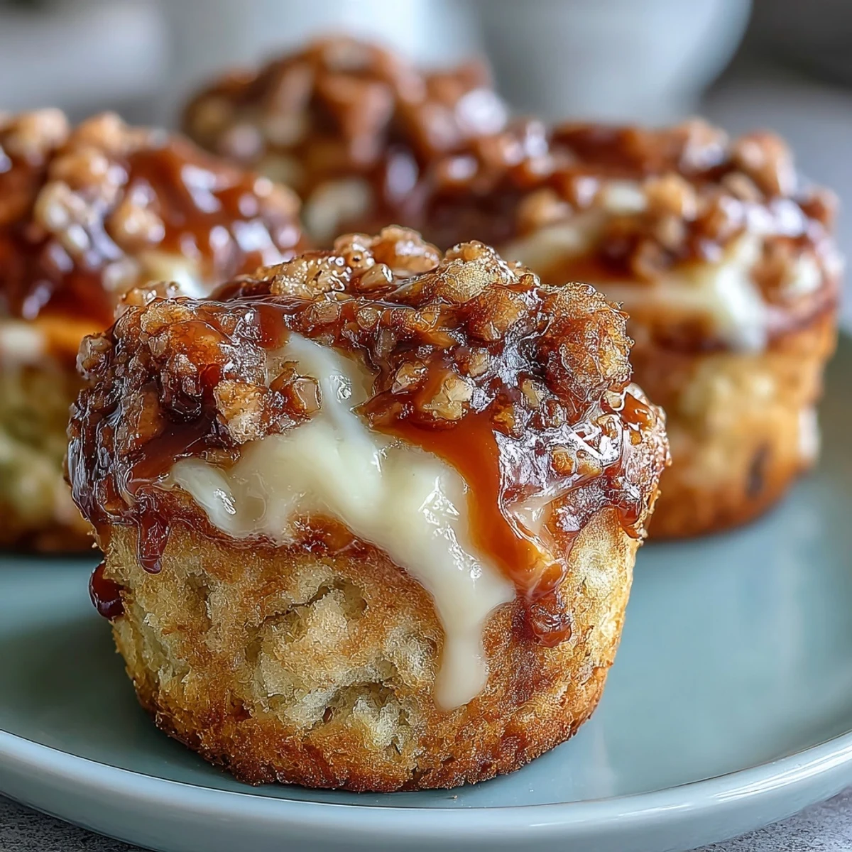 Golden-brown Caramel Cream Cheese Swirl Muffins with moist banana bread crumb and a rich, marbled filling.