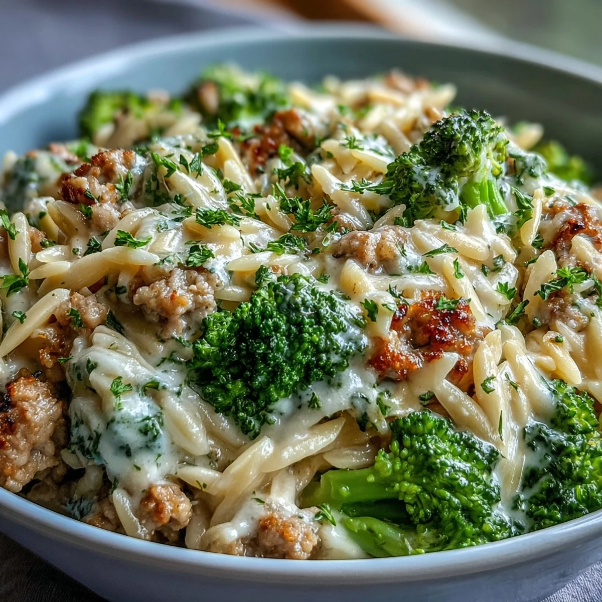 Creamy Garlic Turkey & Broccoli Orzo with tender turkey, steamed broccoli florets, and parmesan sauce in a white bowl.