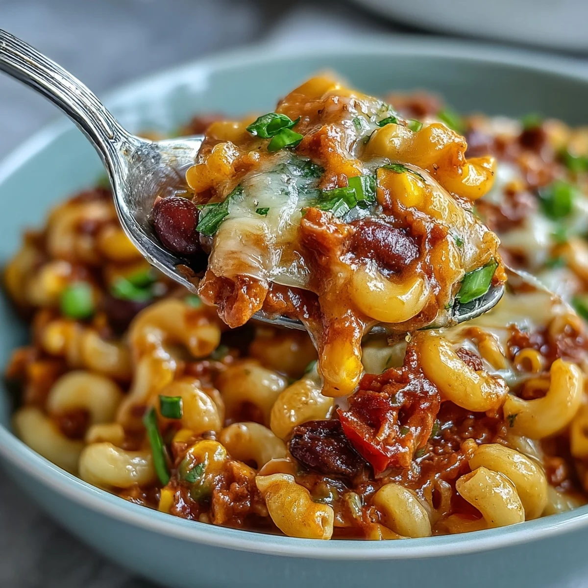 A hearty skillet of One-Pot Tex-Mex Chili Mac with golden cheese, sweet corn, and diced jalapeños, ready for a family dinner.  