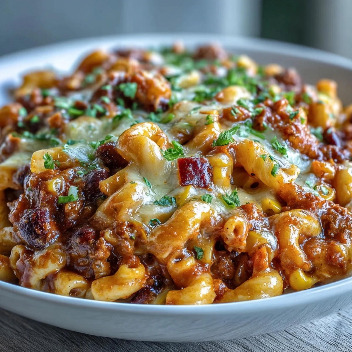 Steamy One-Pot Tex-Mex Chili Mac with corn and black beans served in a rustic bowl, topped with melted cheddar and fresh cilantro.  