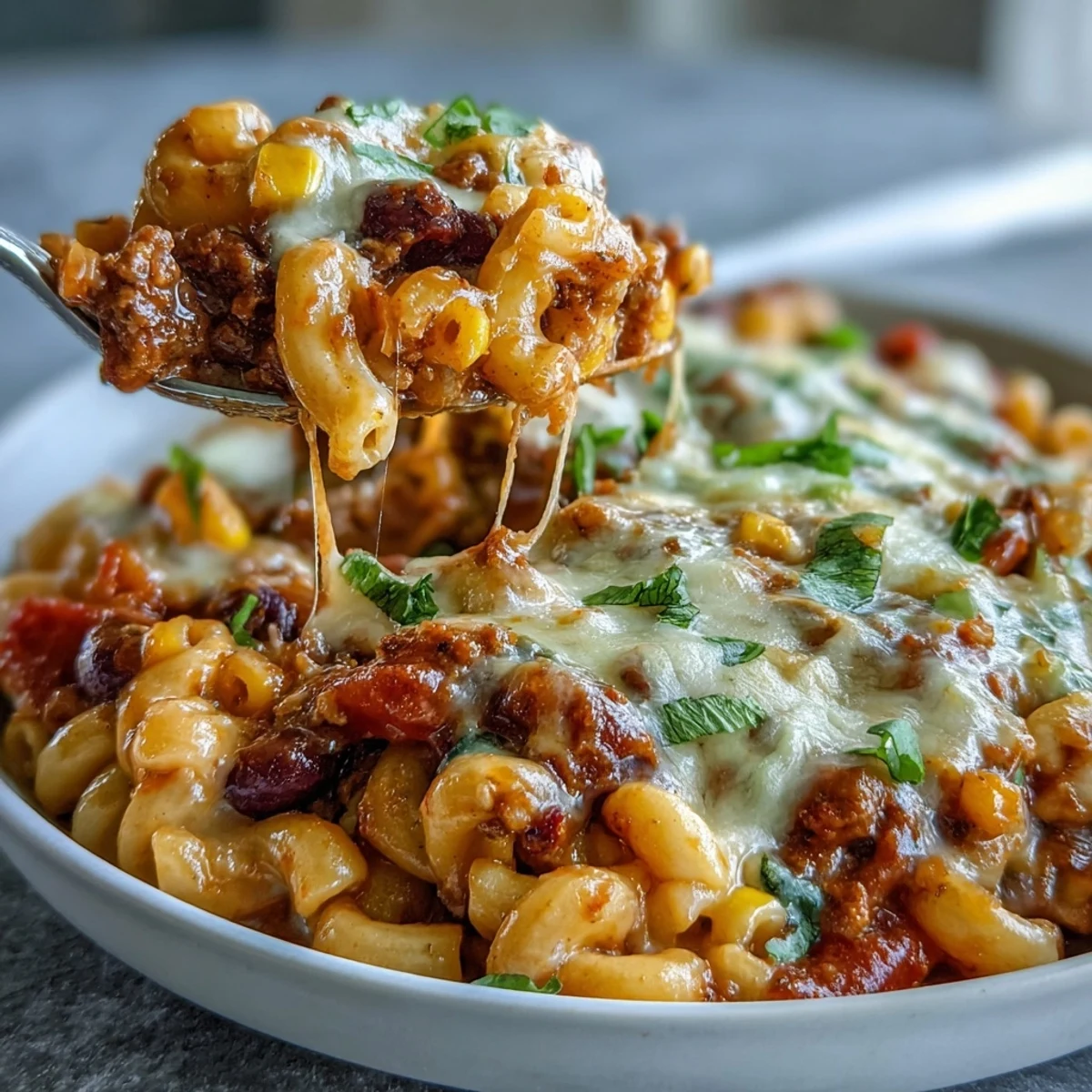 Spoon lifting cheesy One-Pot Tex-Mex Chili Mac with tender pasta, black beans, and a dollop of sour cream for a comforting meal.