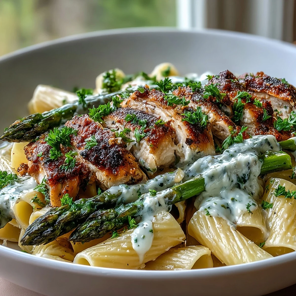 A close-up of Crispy Parmesan Asparagus Chicken Pasta revealing melted cheese, tender asparagus, and glossy sauce clinging to penne noodles.