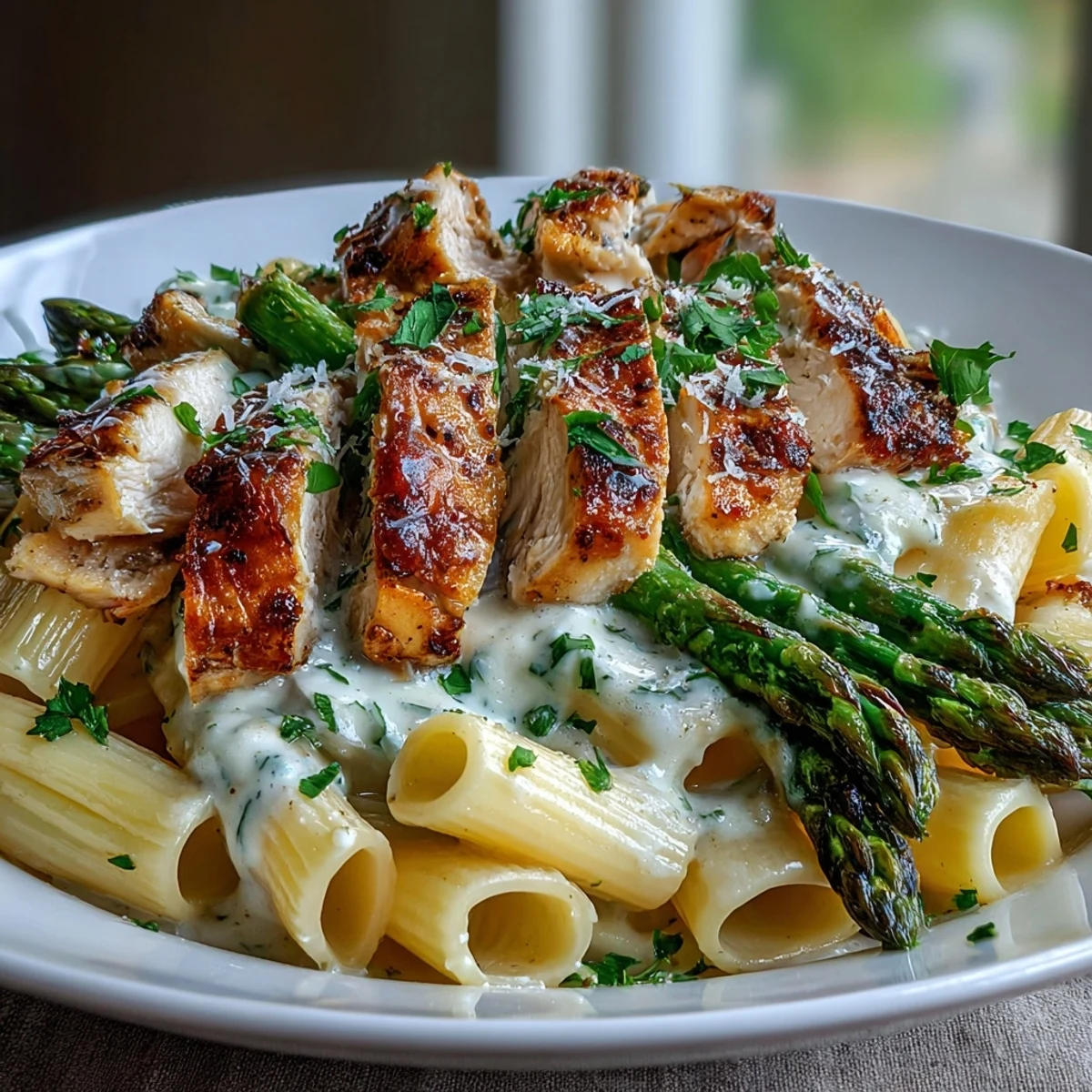 Serve Crispy Parmesan Asparagus Chicken Pasta garnished with fresh parsley and extra Parmesan, paired with a crisp green salad for dinner.