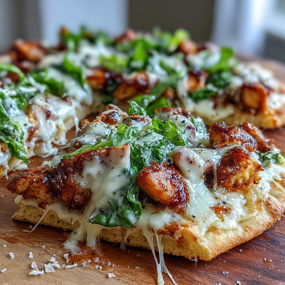 Freshly baked Garlic Naan Chicken Caesar Pizzas with melted mozzarella and golden edges.