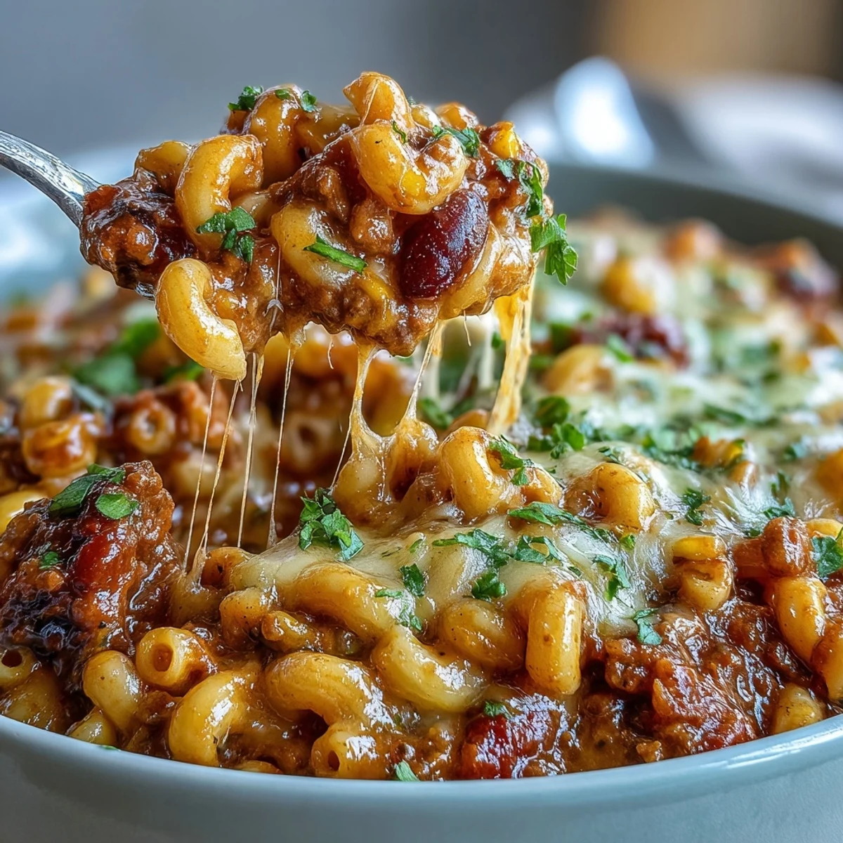 Steaming One-Pot Tex-Mex Chili Mac with Corn is scooped from a cast-iron pot, showcasing melted cheddar, black beans, and diced red bell pepper.