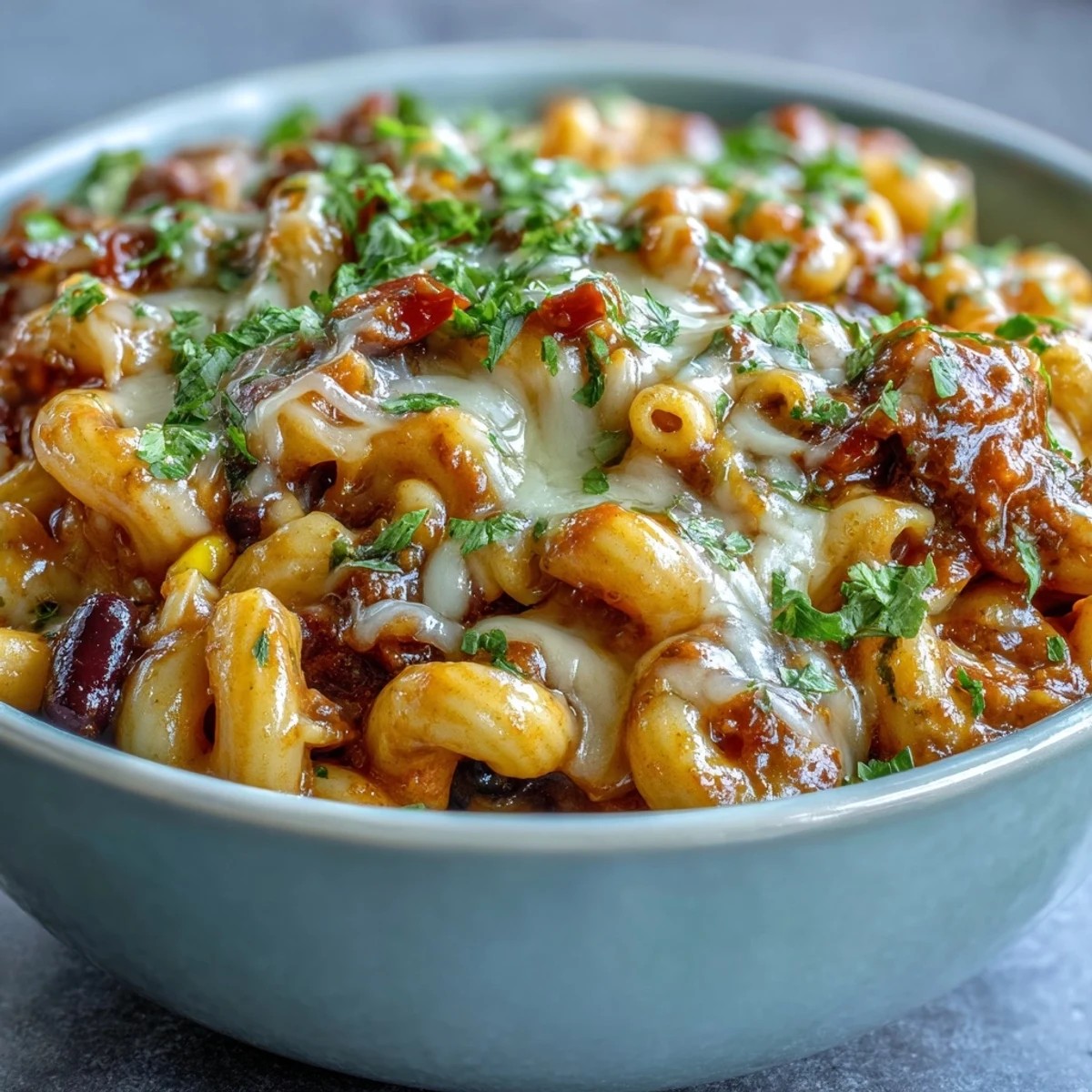A close-up of One-Pot Tex-Mex Chili Mac with Corn in a bowl, topped with fresh cilantro and a dollop of sour cream next to tortilla chips.