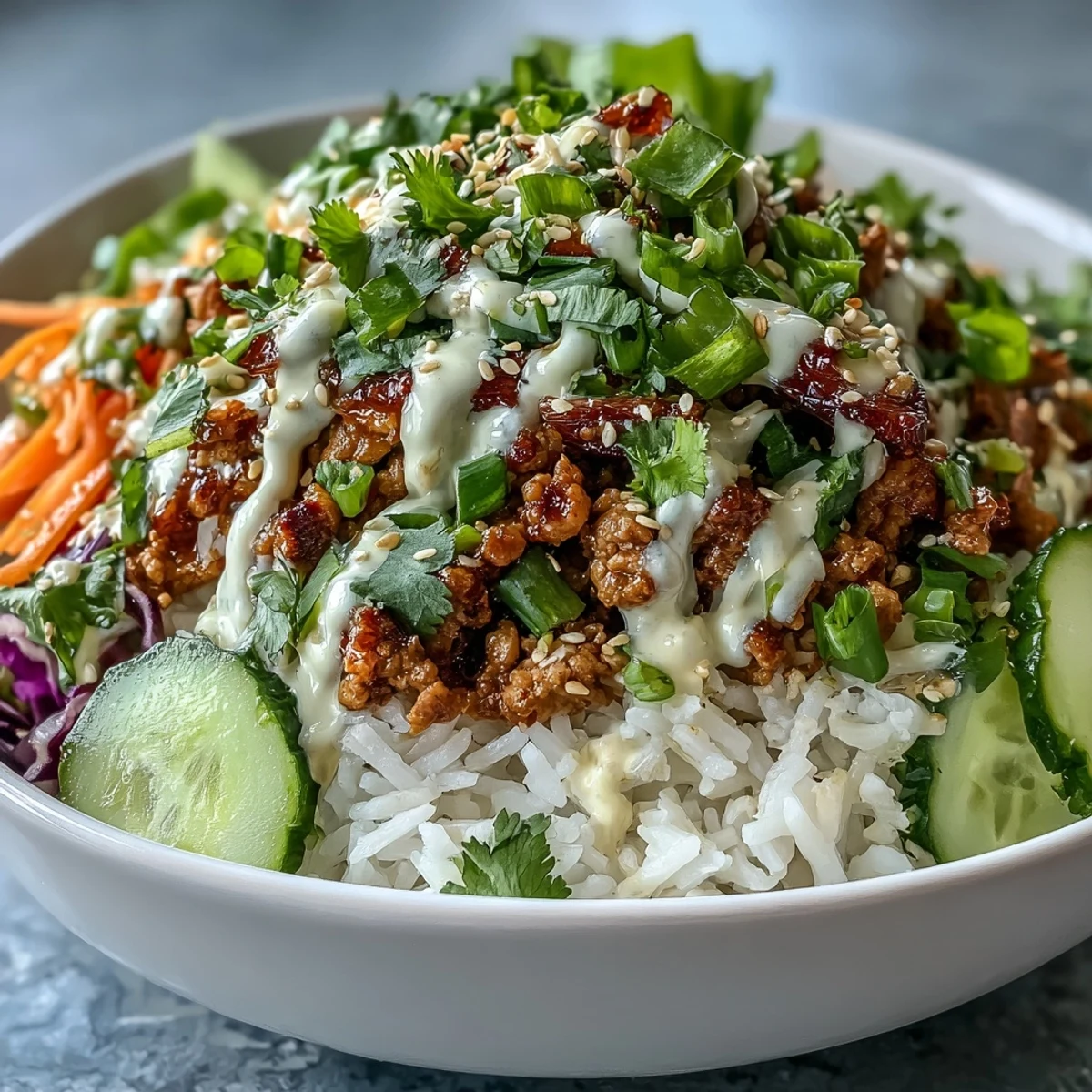 Spicy Bang Bang Turkey Rice Bowls topped with green onions, sesame seeds, and creamy spicy sauce.