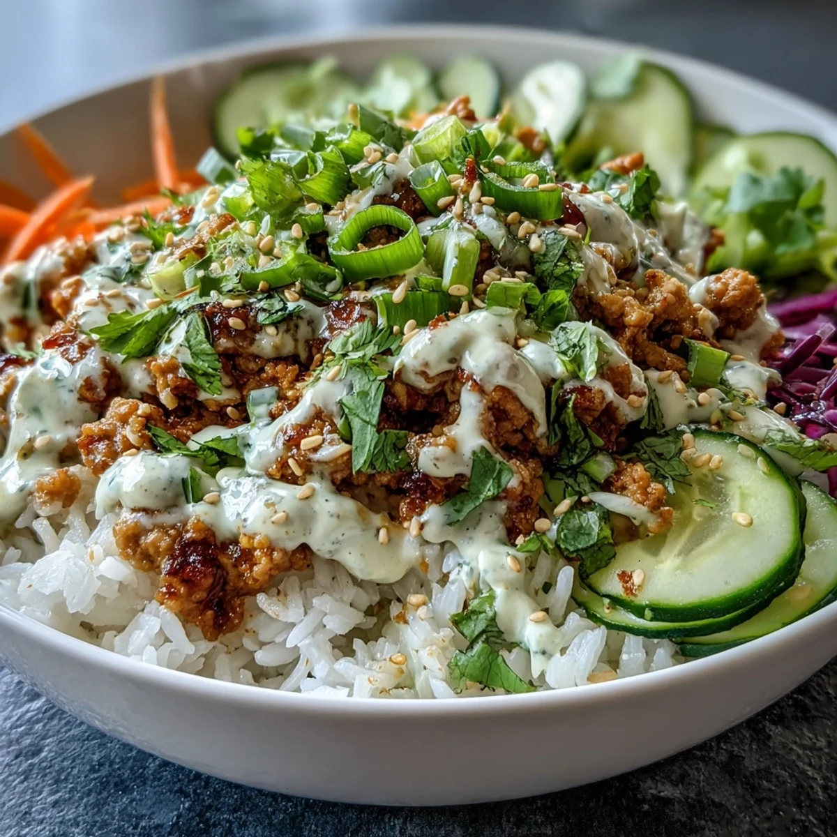 Easy Spicy Bang Bang Turkey Rice Bowls drizzled with creamy sauce and lime wedges.