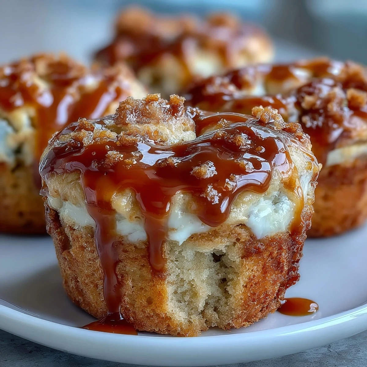 Freshly baked Caramel Cream Cheese Swirl Muffins on a wire cooling rack with rich caramel drizzle.