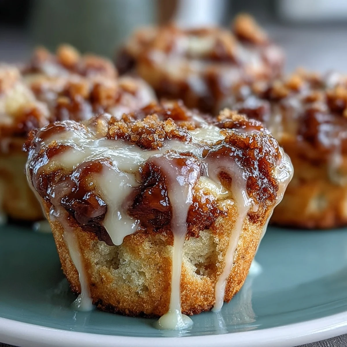 Warm Caramel Cream Cheese Swirl Muffins served on a plate with fresh bananas and coffee.