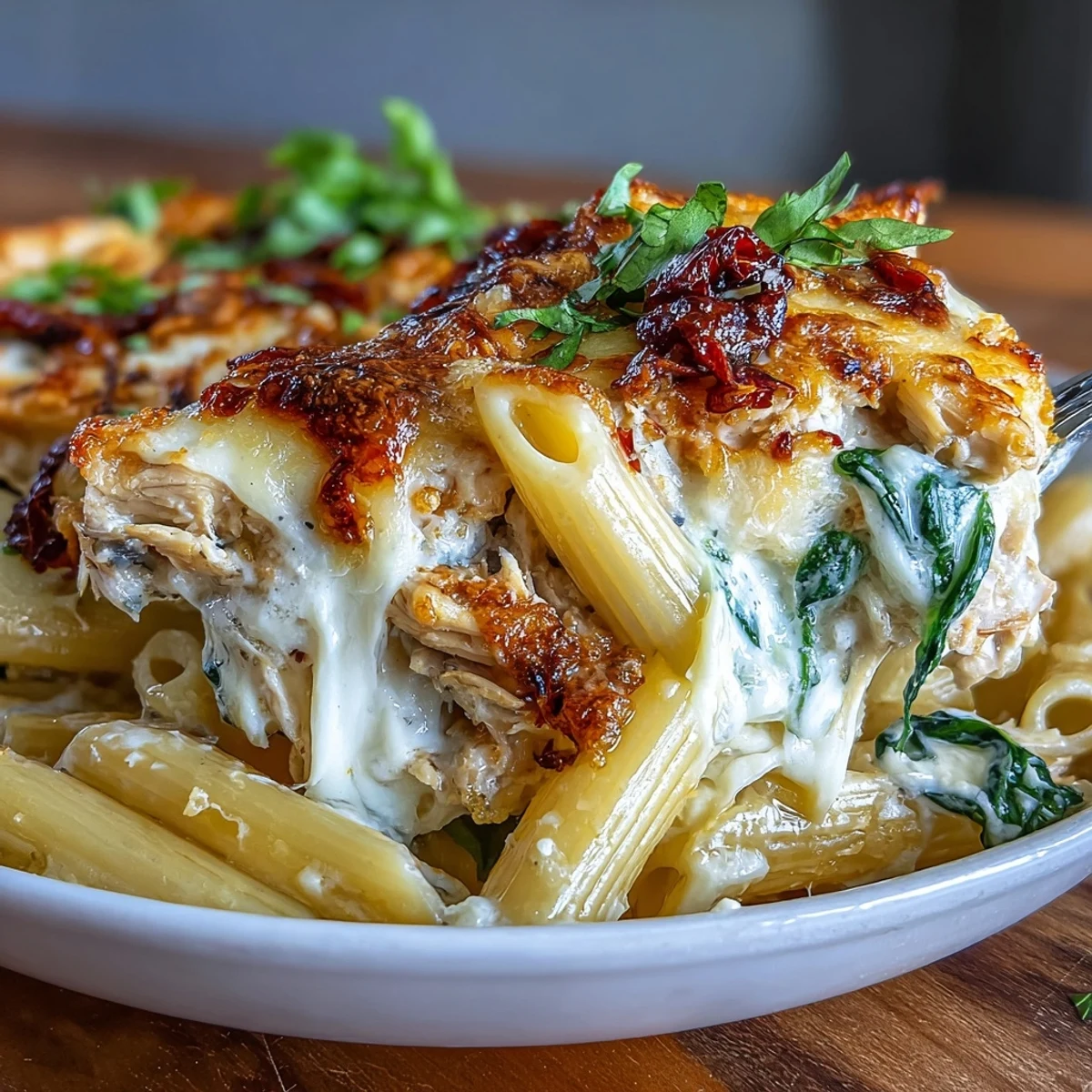 Steamy Greek Yogurt Chicken Alfredo Bake with rotisserie chicken, spinach, and sun-dried tomatoes, ready to serve.