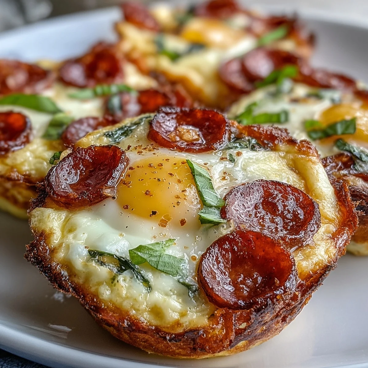 Golden-brown High-Protein Pepperoni Breakfast Cups, fresh from the oven, are bubbling with melted mozzarella and savory pepperoni inside a muffin tin.