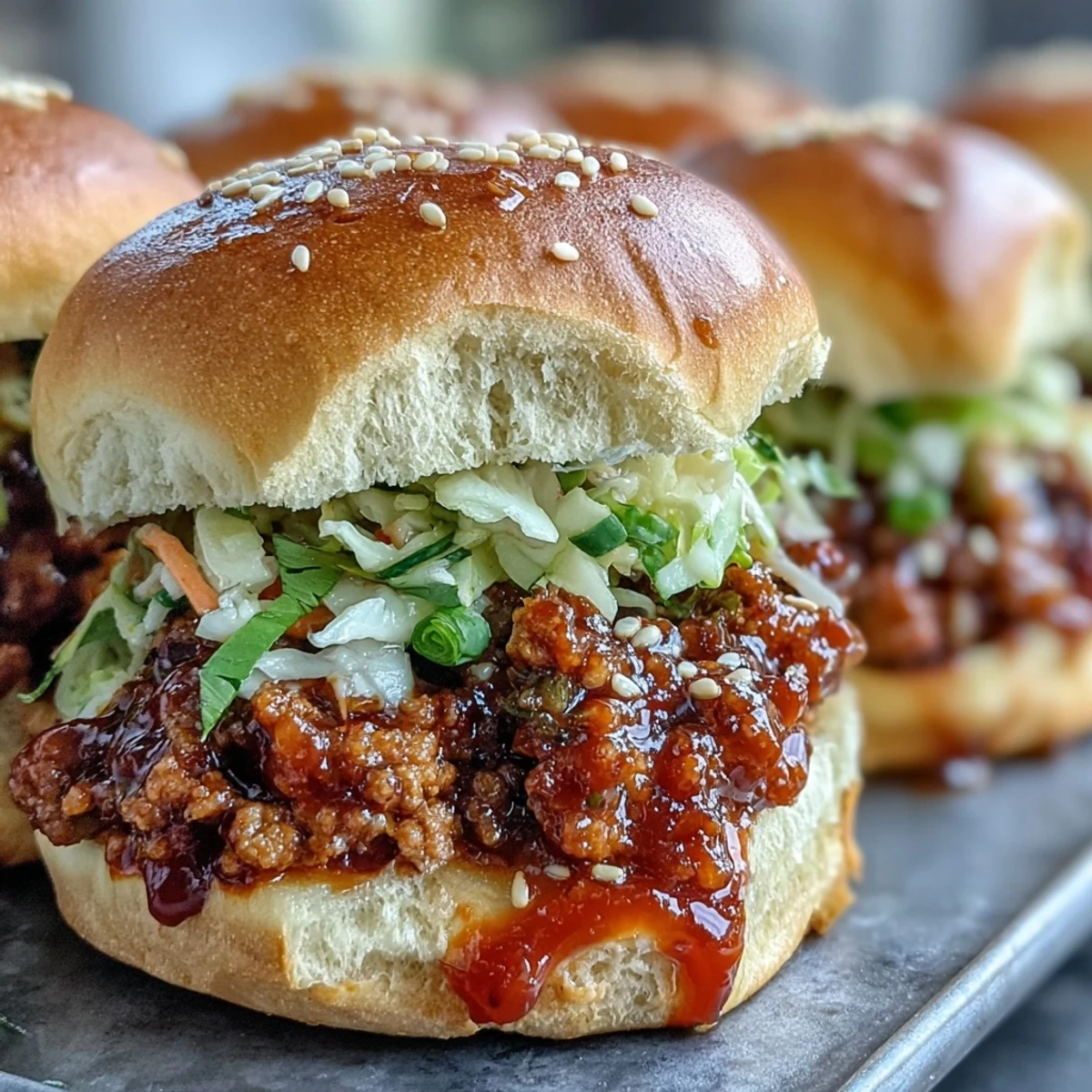 Korean Turkey Sloppy Joe Sliders with sweet and spicy turkey filling, topped with crunchy, tangy carrot and cabbage slaw.