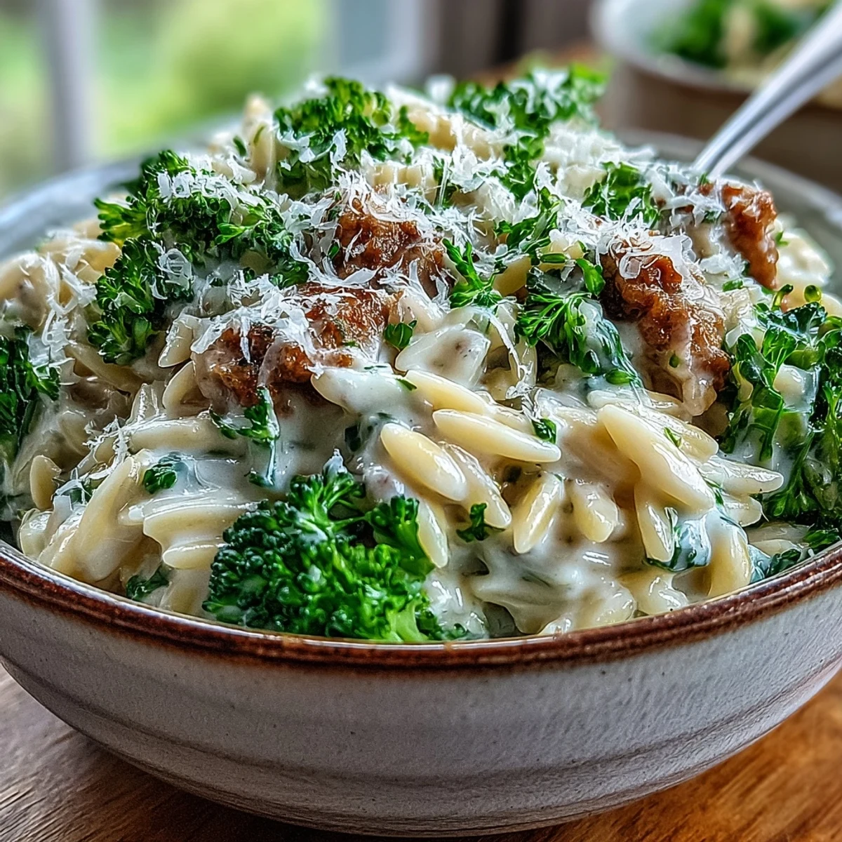Close-up on a bowl of Creamy Garlic Turkey & Broccoli Orzo, highlighting the silky garlic cream sauce coating every grain of pasta.