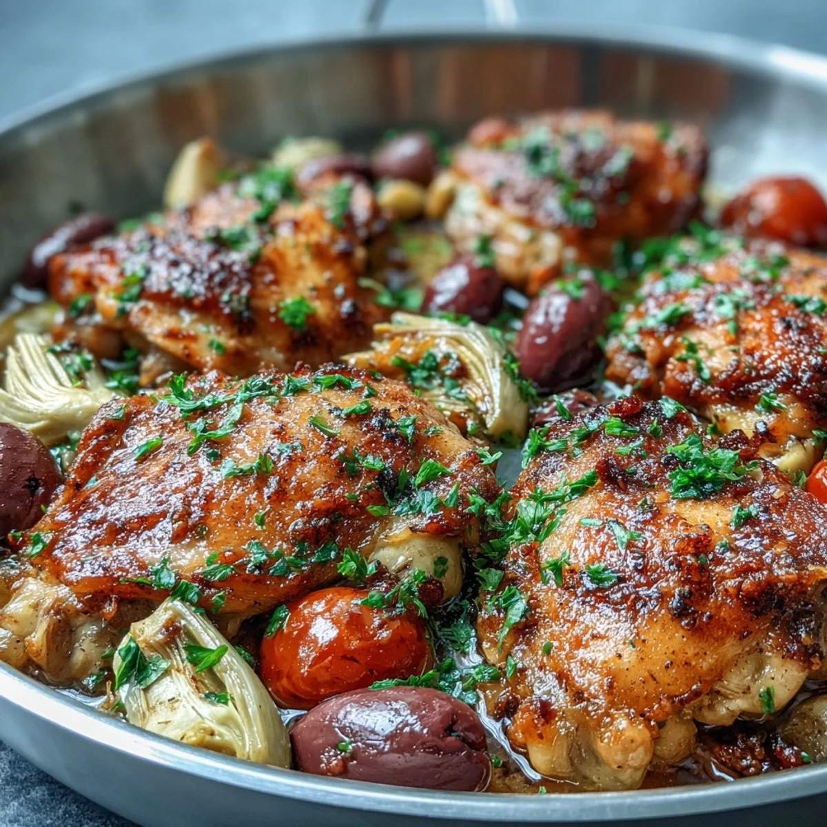 Golden-brown One-Pan Mediterranean Chicken with Olives and Artichokes served from a rustic cast iron skillet.