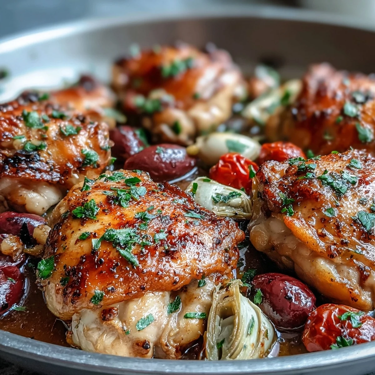 Freshly garnished One-Pan Mediterranean Chicken with Olives and Artichokes plated with crusty bread for dipping.