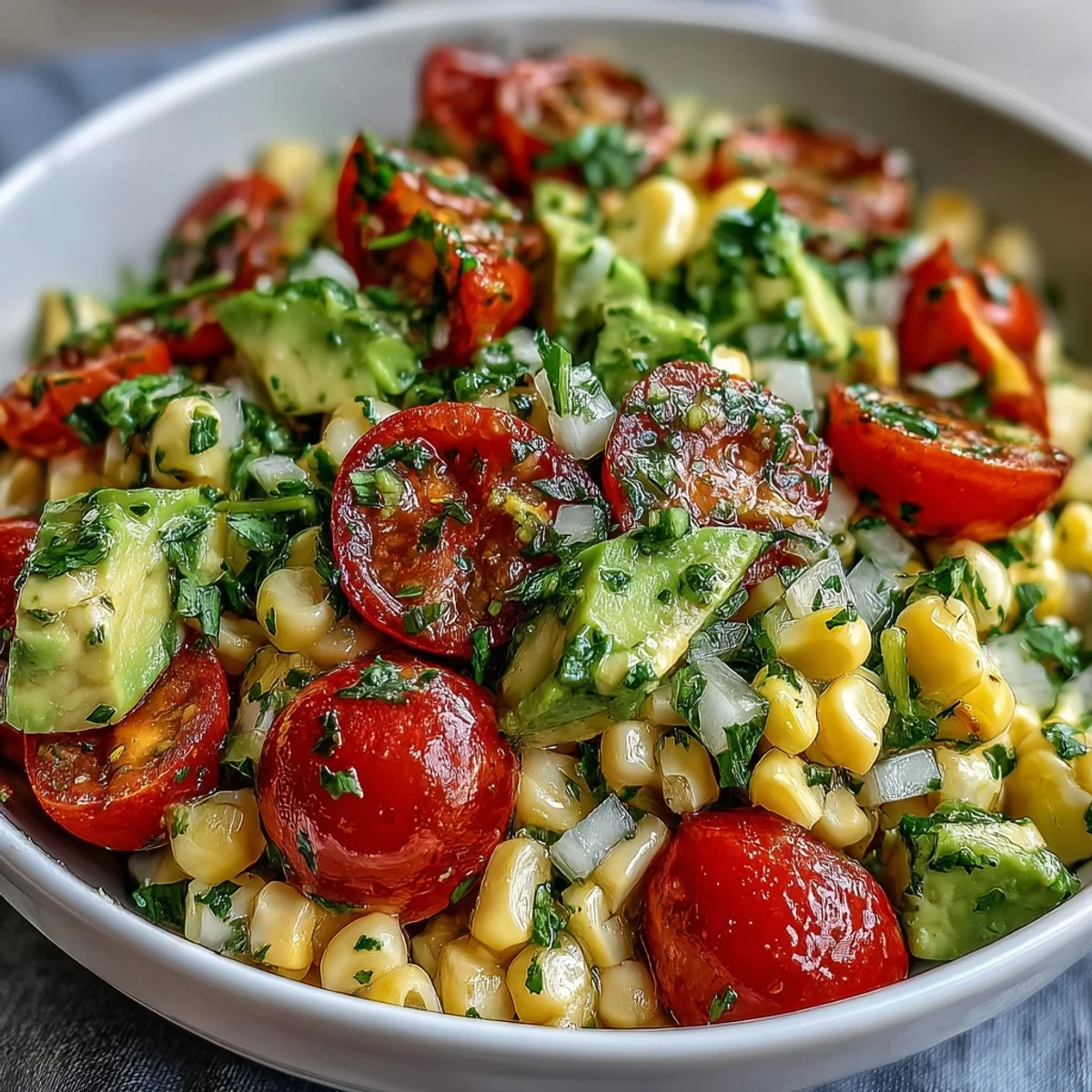 Fresh Corn and Tomato Salad with Avocado and Lime in a white bowl with juicy tomatoes, corn, and cilantro on a rustic table.