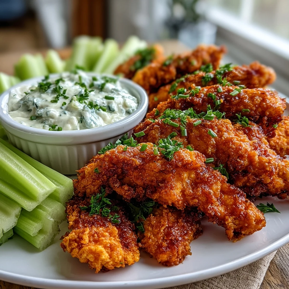 Fresh celery sticks cradle golden Keto Buffalo Ranch Chicken Tenders, showcasing creamy ranch dip and a vibrant, low-carb appetizer presentation.