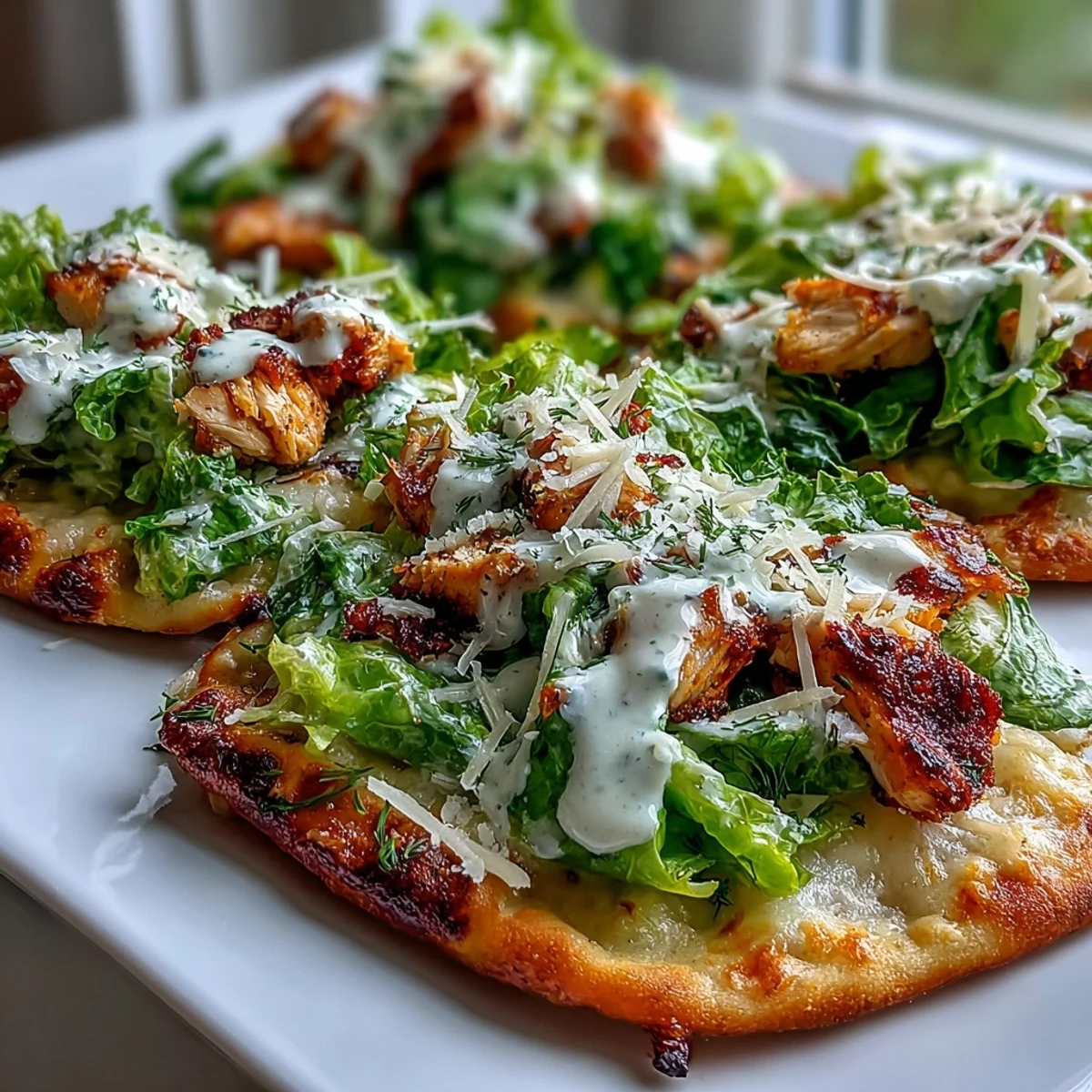 Golden garlic naan pizzas topped with tender Caesar chicken, melted mozzarella, and fresh, crisp romaine lettuce.