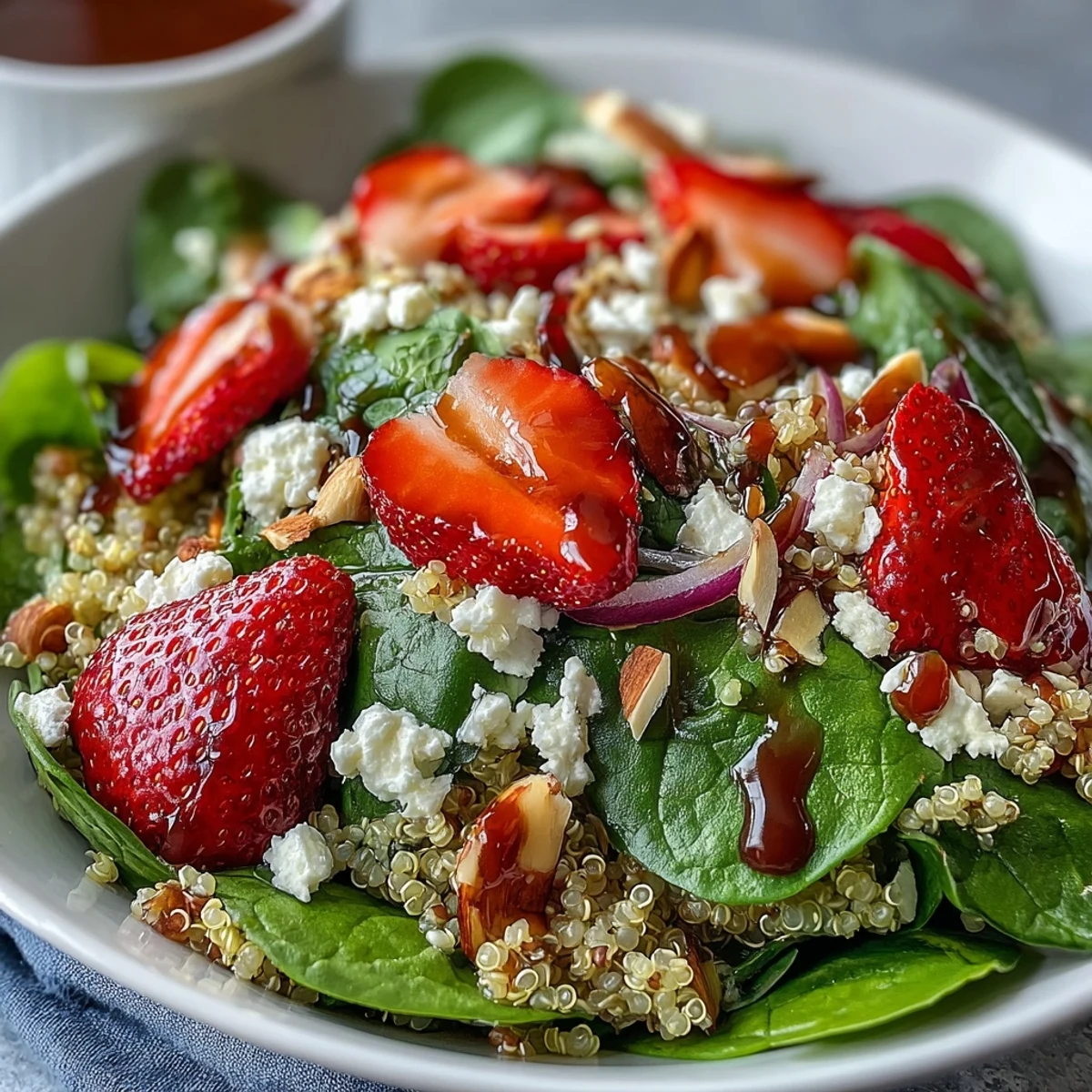 A vibrant bowl of Strawberry Spinach Quinoa Salad topped with feta and toasted almonds, drizzled with balsamic vinaigrette.