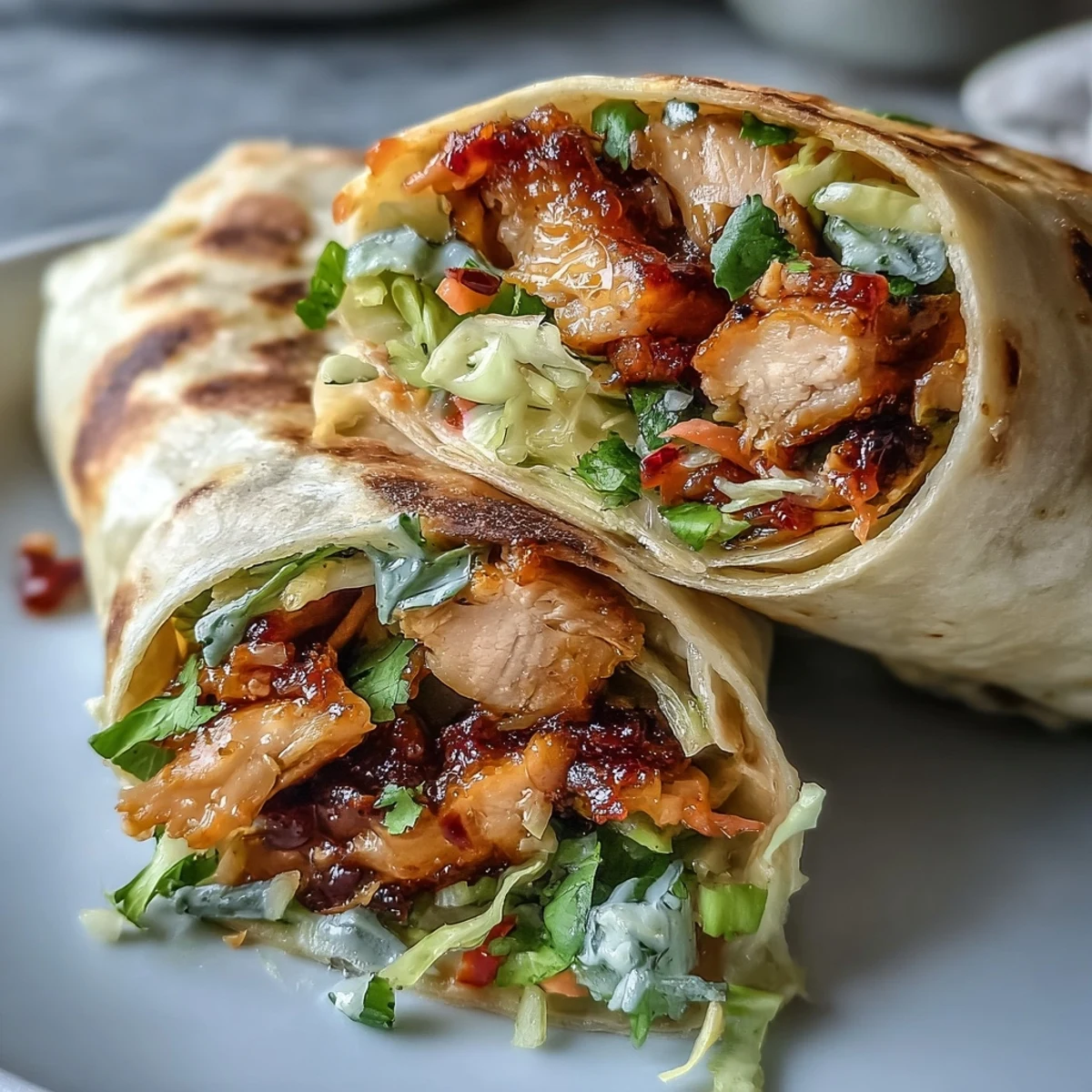 Flavorful Sweet Chili Chicken Wraps featuring juicy chicken, crunchy carrots, and cucumbers drizzled with zesty chili sauce.