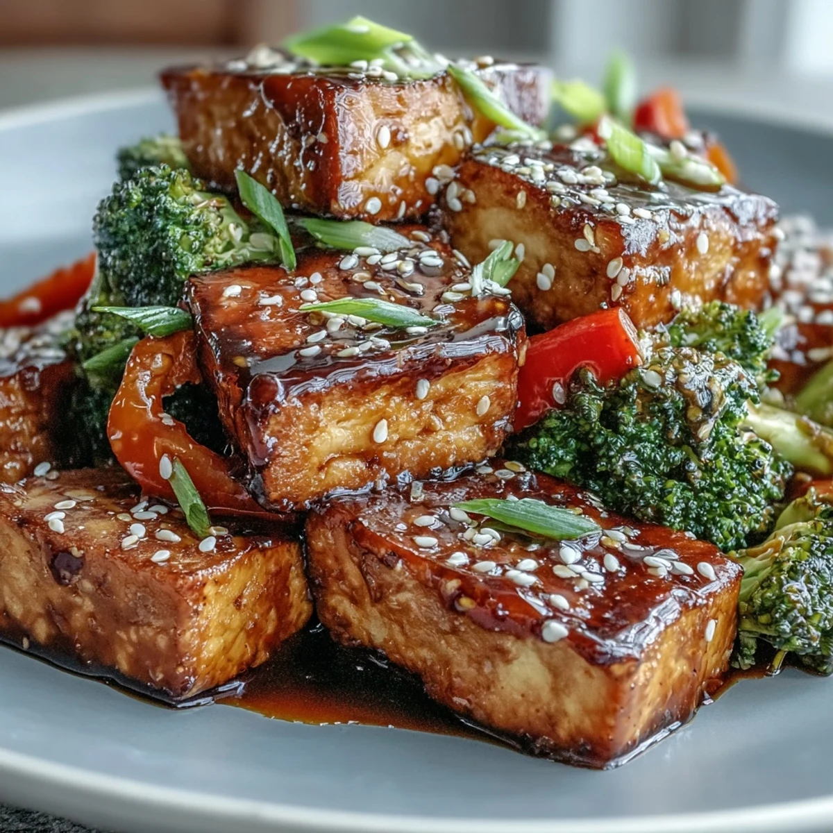 Colorful vegan teriyaki tofu and vegetable sheet pan dinner, featuring golden tofu, crunchy broccoli, and sweet bell peppers.