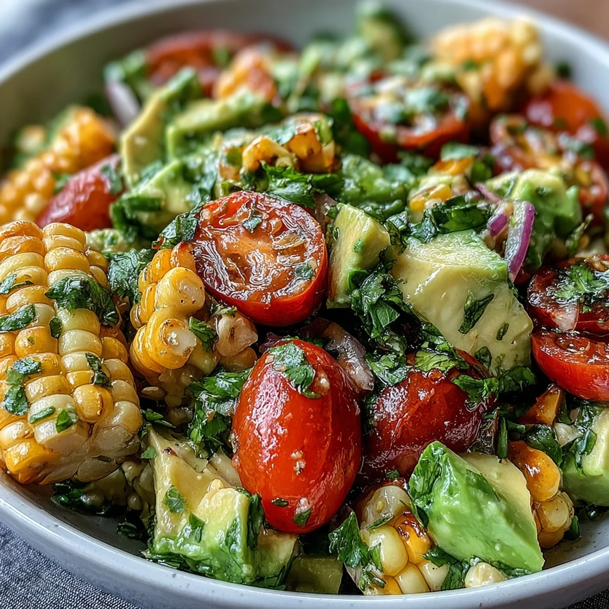 Fresh summer corn, tomato, and avocado salad with zesty lime vinaigrette, bursting with color and flavor.  