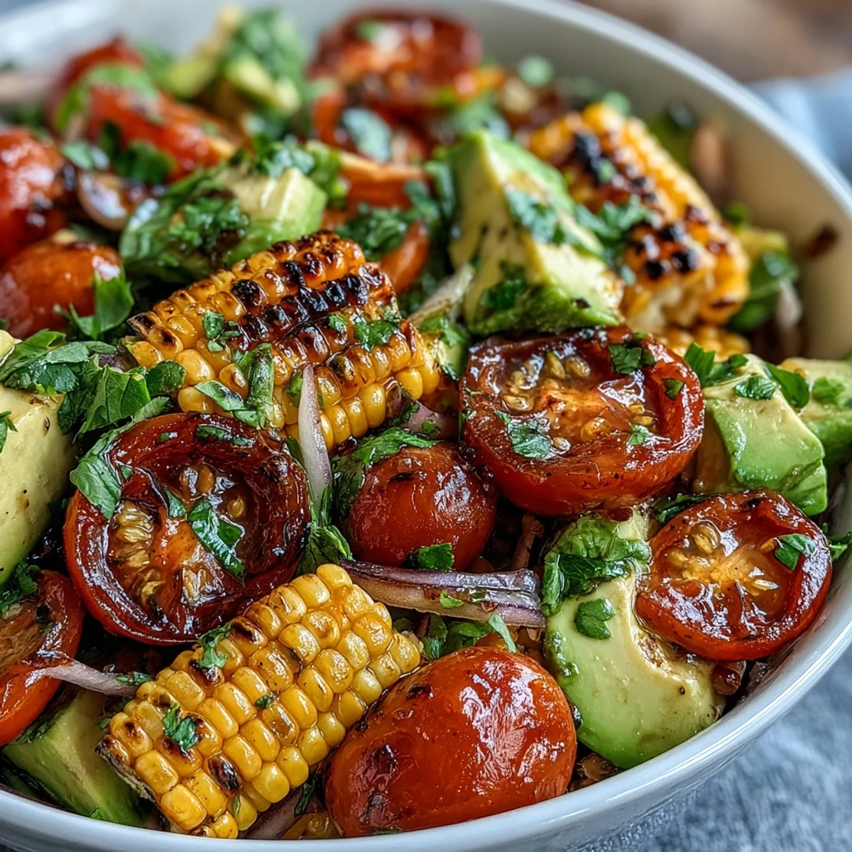 Creamy avocado and sweet corn combine with juicy tomatoes in this vibrant lime-dressed summer salad.  