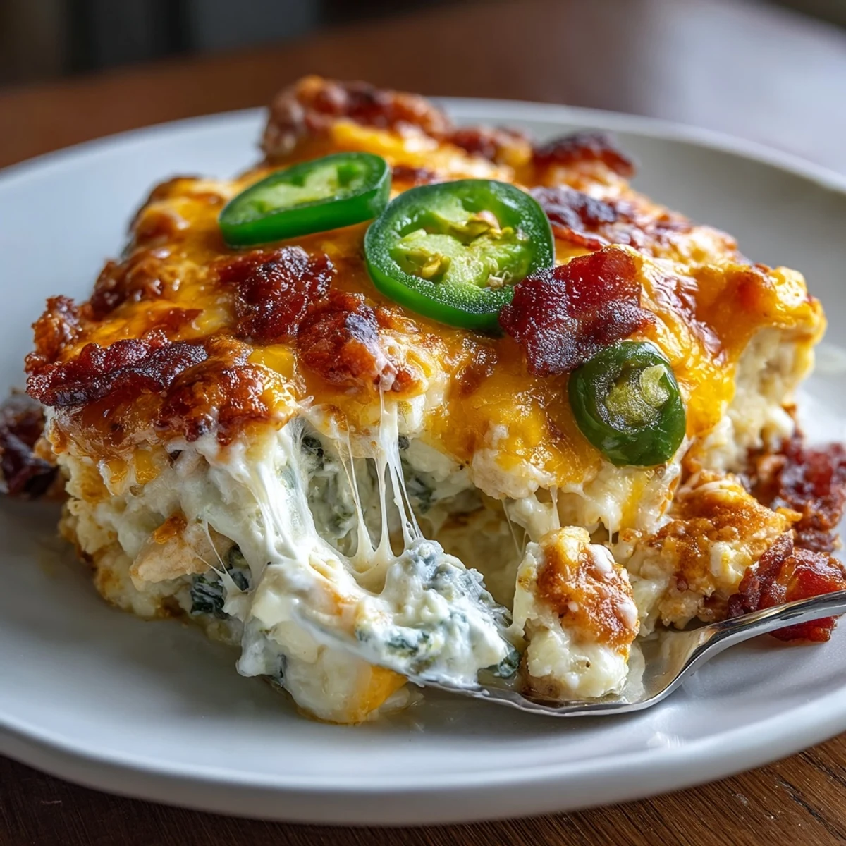 Creamy, cheesy casserole loaded with shredded chicken, jalapeños, and cauliflower rice for a low-carb comfort meal.