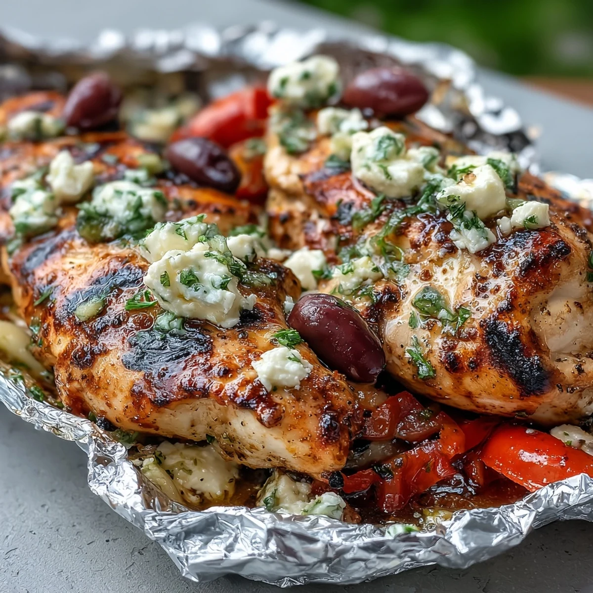 Healthy foil packet meal with Mediterranean flavors, tender chicken, and vibrant vegetables.  