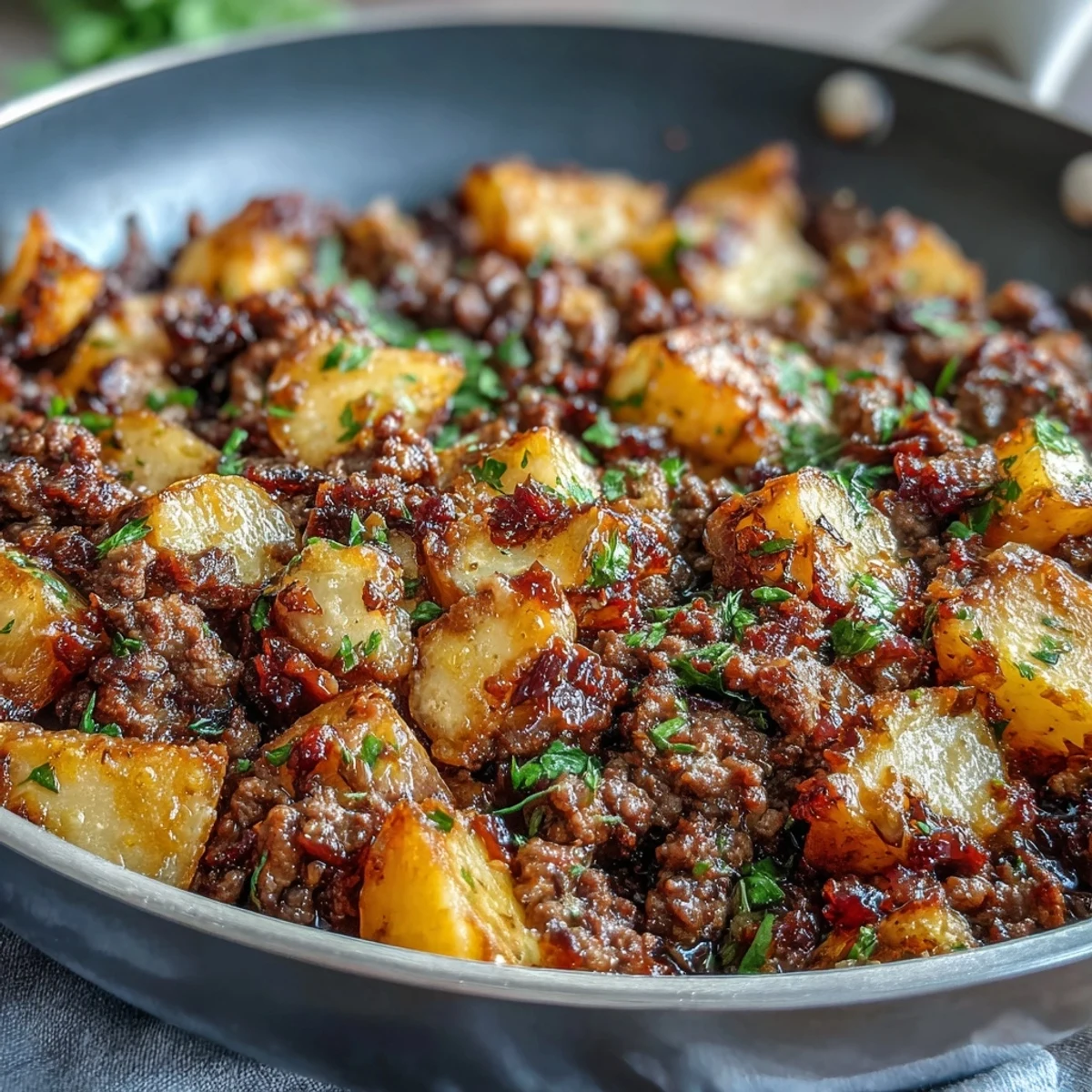High protein ground beef and potatoes in savory tomato sauce, golden-brown cubes and browned meat in a cast iron skillet.  