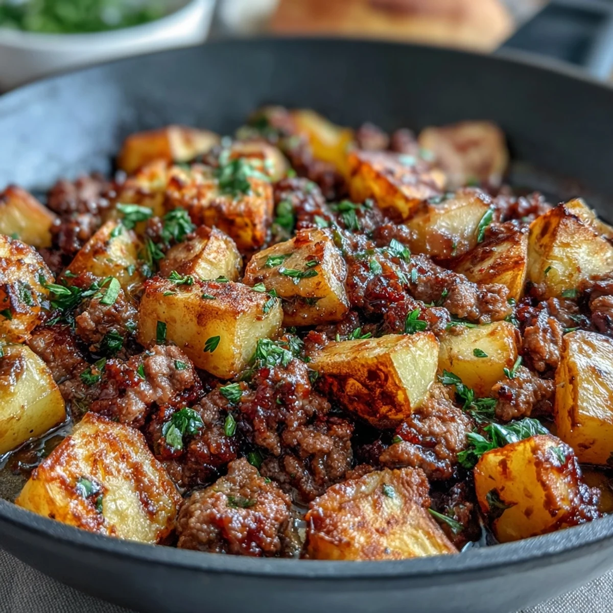 Hearty one-pan meal with seasoned ground beef, russet potatoes, and rich sauce served in a white bowl with parsley garnish.  