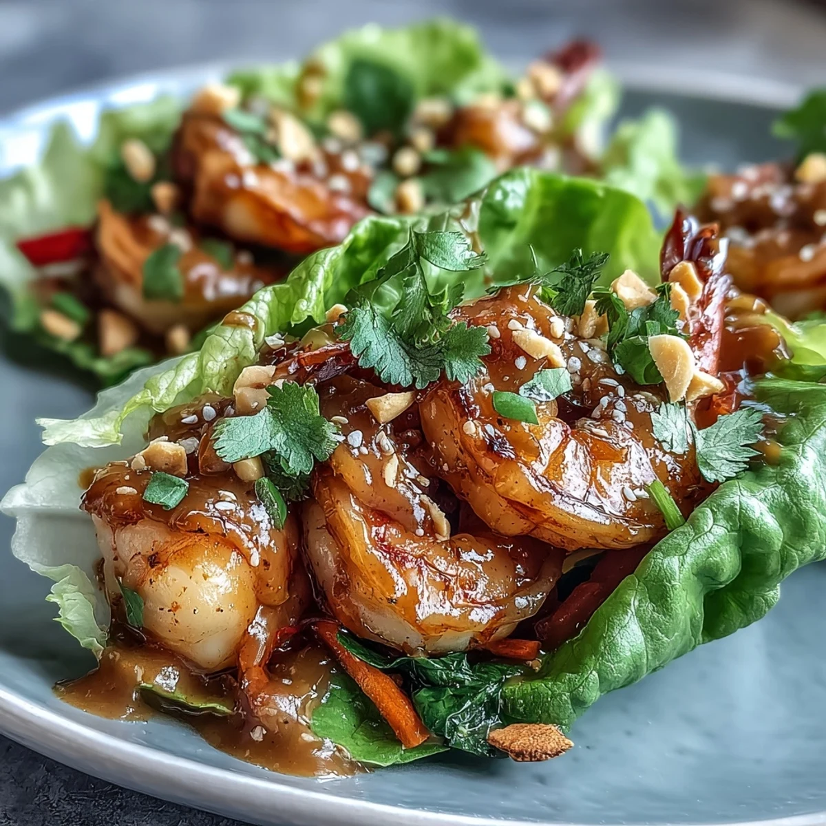 Crispy butter lettuce wraps filled with juicy stir-fried shrimp and drizzled with creamy peanut sauce for a fresh, healthy meal.  