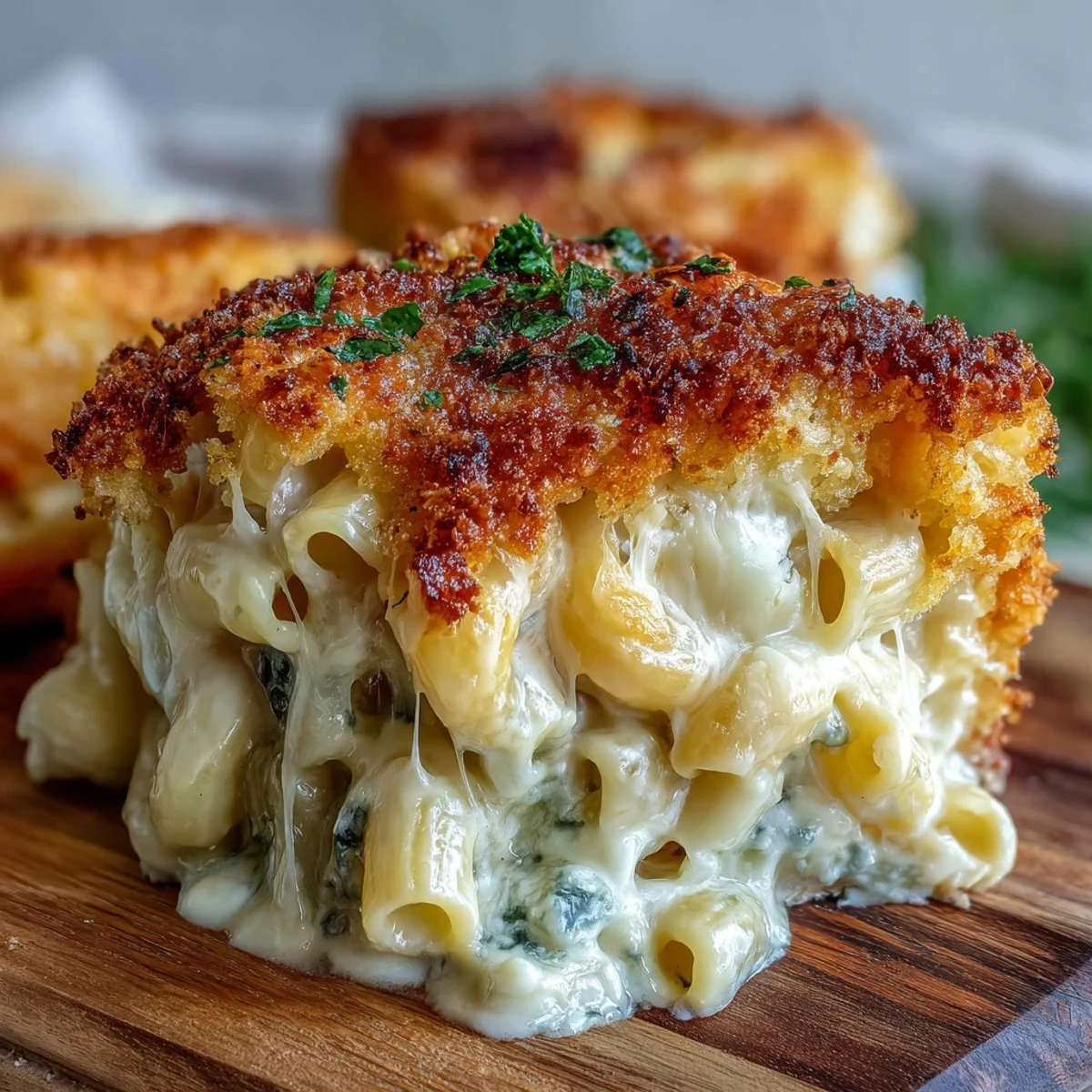 Four-cheese mac and cheese bake with golden breadcrumb crust, bubbling with creamy cheddar, Gouda, mozzarella, and blue cheese sauce.