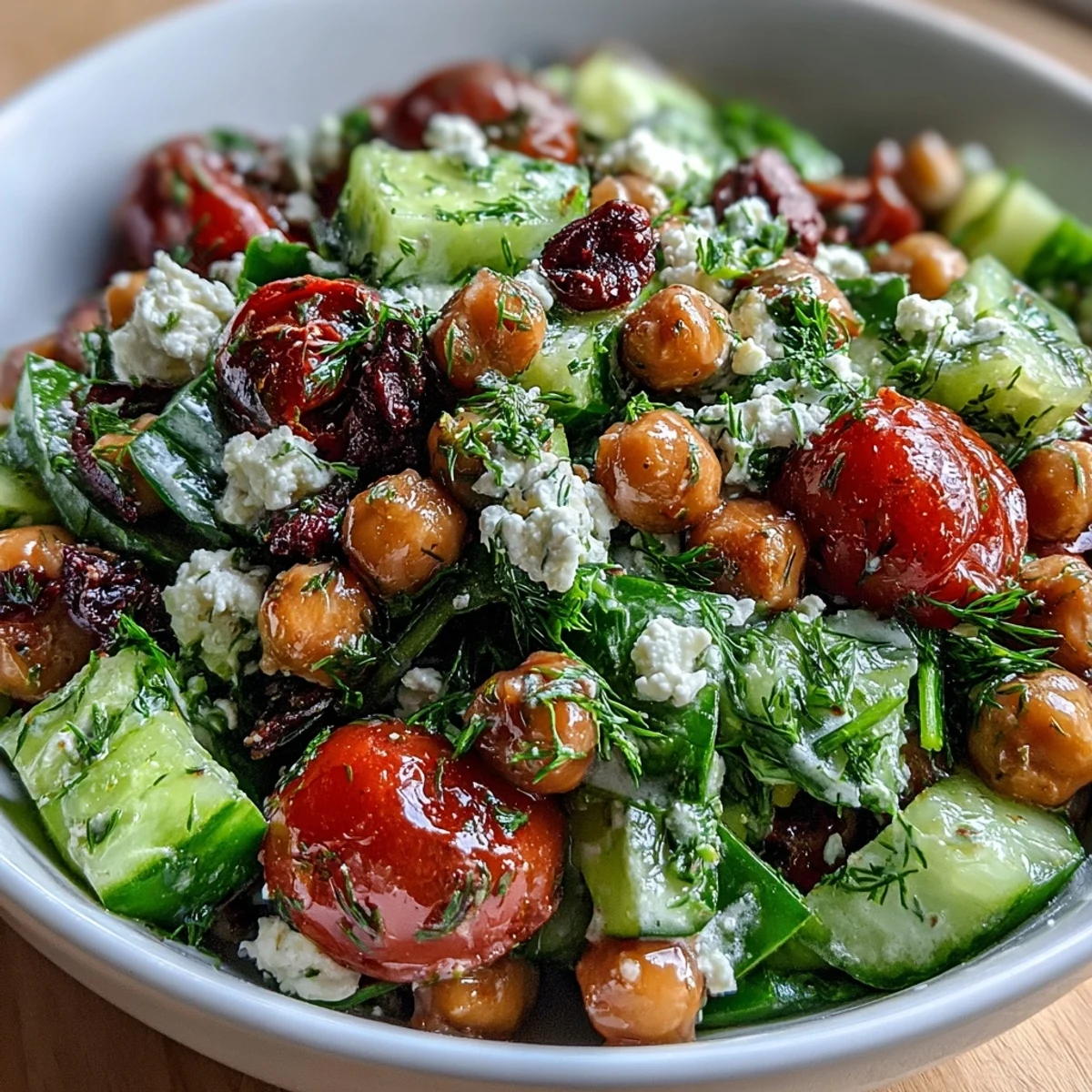 Easy Chickpea Cucumber Salad with Feta and Tomatoes in a white bowl, garnished with fresh parsley and dill.