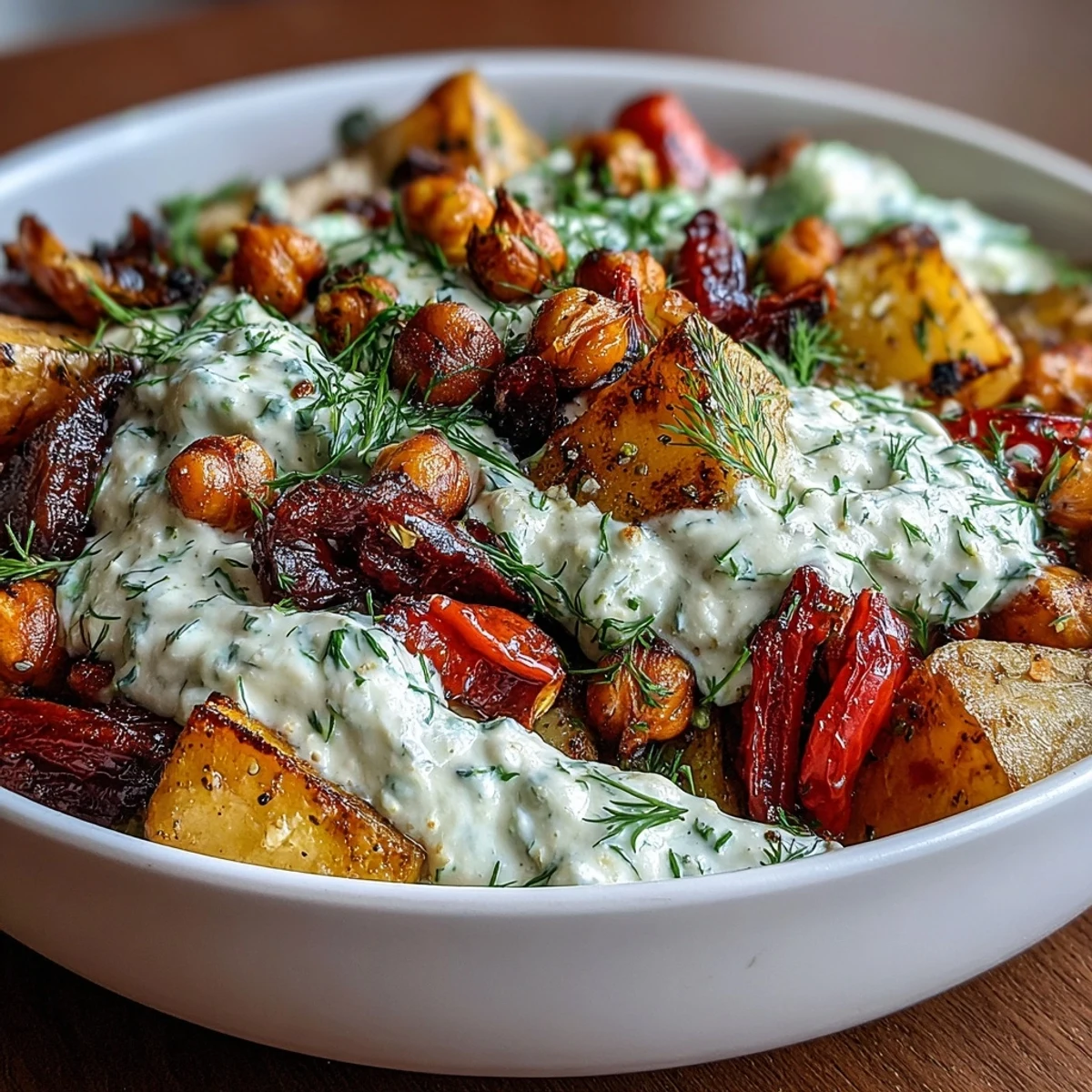 A colorful, wholesome bowl of roasted potatoes, bell peppers, and chickpeas topped with protein-rich tzatziki sauce.  