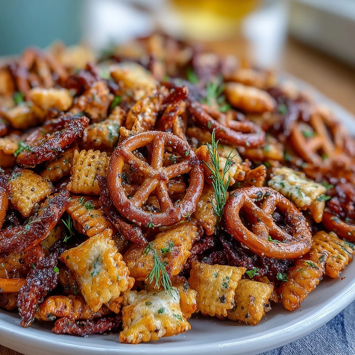 Tasty dill pickle Chex Mix featuring pretzels and bagel chips.