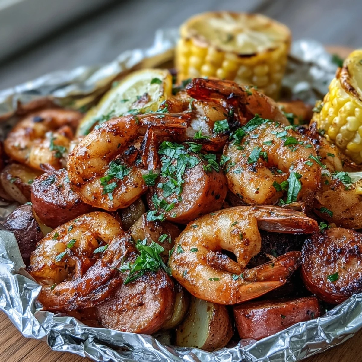 Delicious Onion Boil Shrimp and Sausage Foil Packets with juicy shrimp, savory sausage, and tender potatoes, seasoned with Cajun spices and roasted in foil.  
