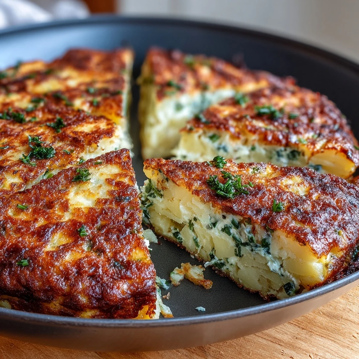 A golden, oven-baked spring onion and potato frittata topped with melted cheddar, perfect for brunch or a light dinner.