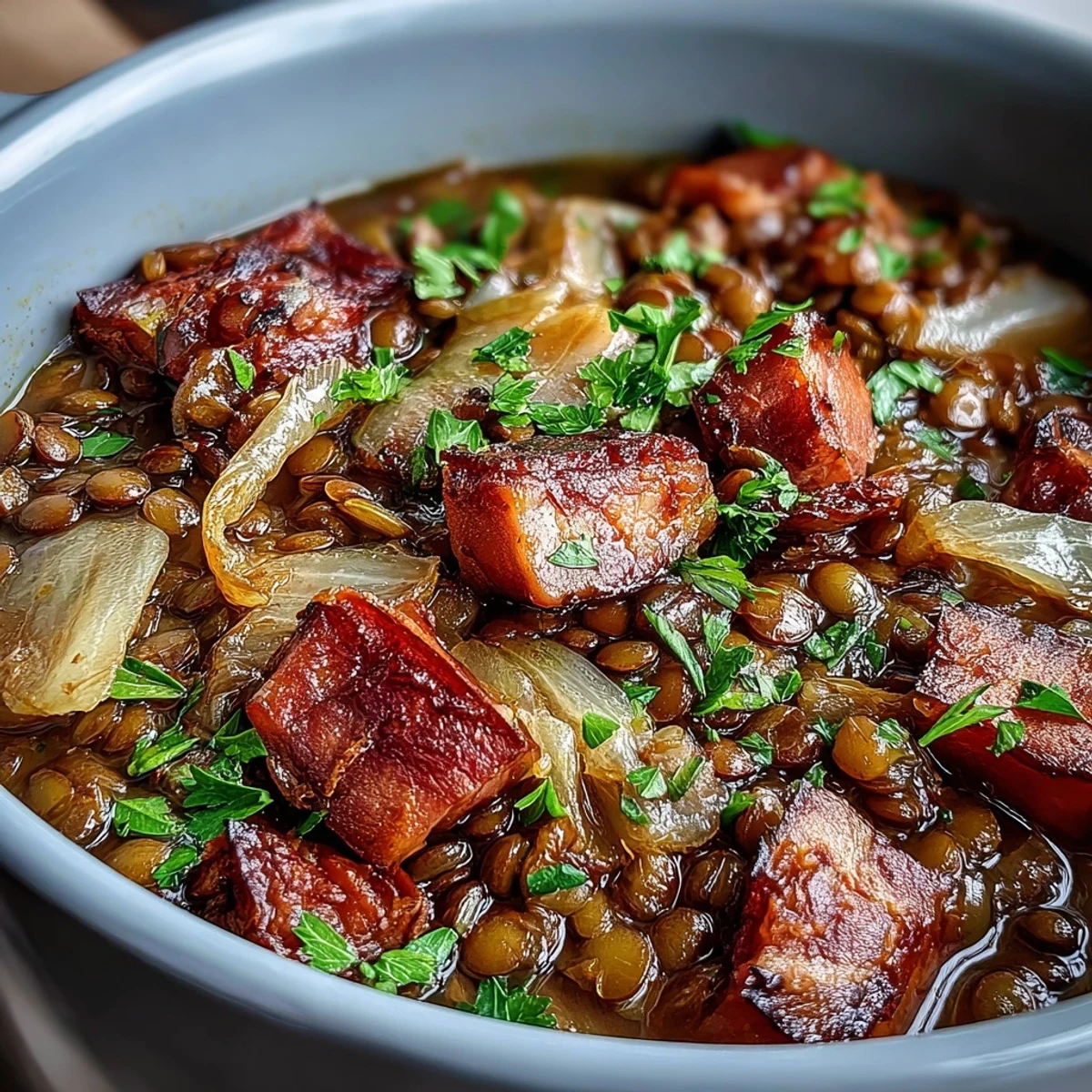A steaming bowl of one-pot ham, onion, and lentil stew with tender lentils and savory ham chunks.  