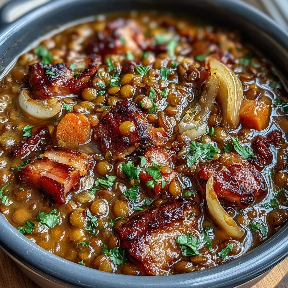 Hearty one-pot ham, onion, and lentil stew featuring smoky ham, sweet onions, and tender lentils in a savory broth.