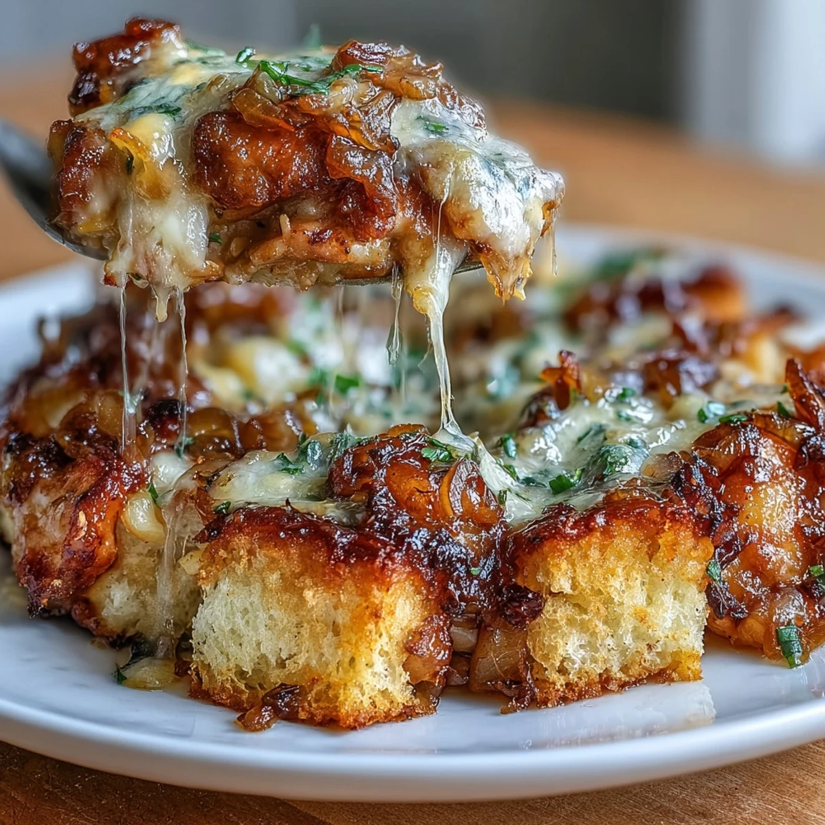 Golden-brown chicken thighs baked in a rich caramelized onion sauce, topped with crispy sourdough cubes and melted Gruyère cheese in a comforting French-inspired casserole.